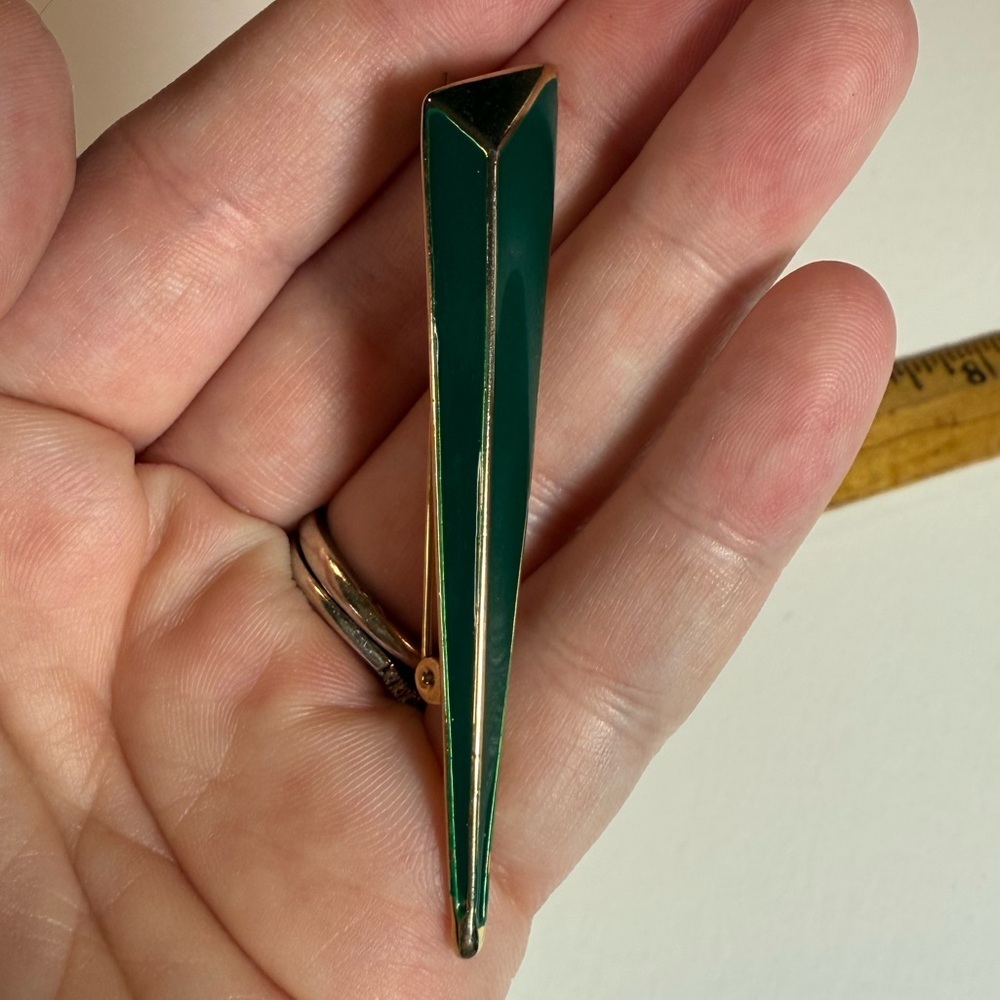 Vintage 80s/90s Emerald Green Enamel Modernist Geometric Brooch Gold Tone - Picture 2 of 9